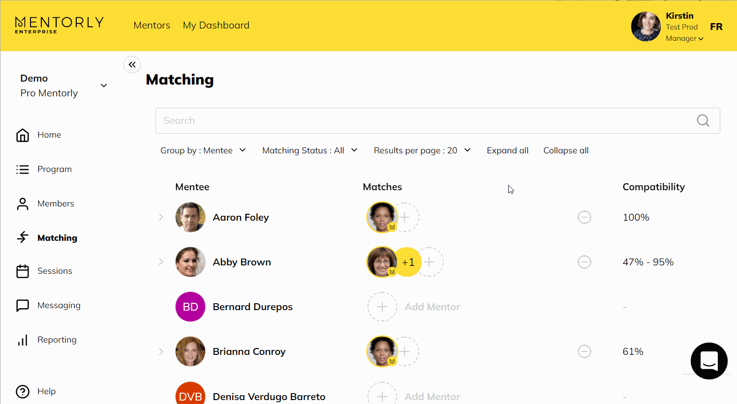 Mentorly AI-powered mentor matching platform screenshot showing mentee and mentor compatibility scores