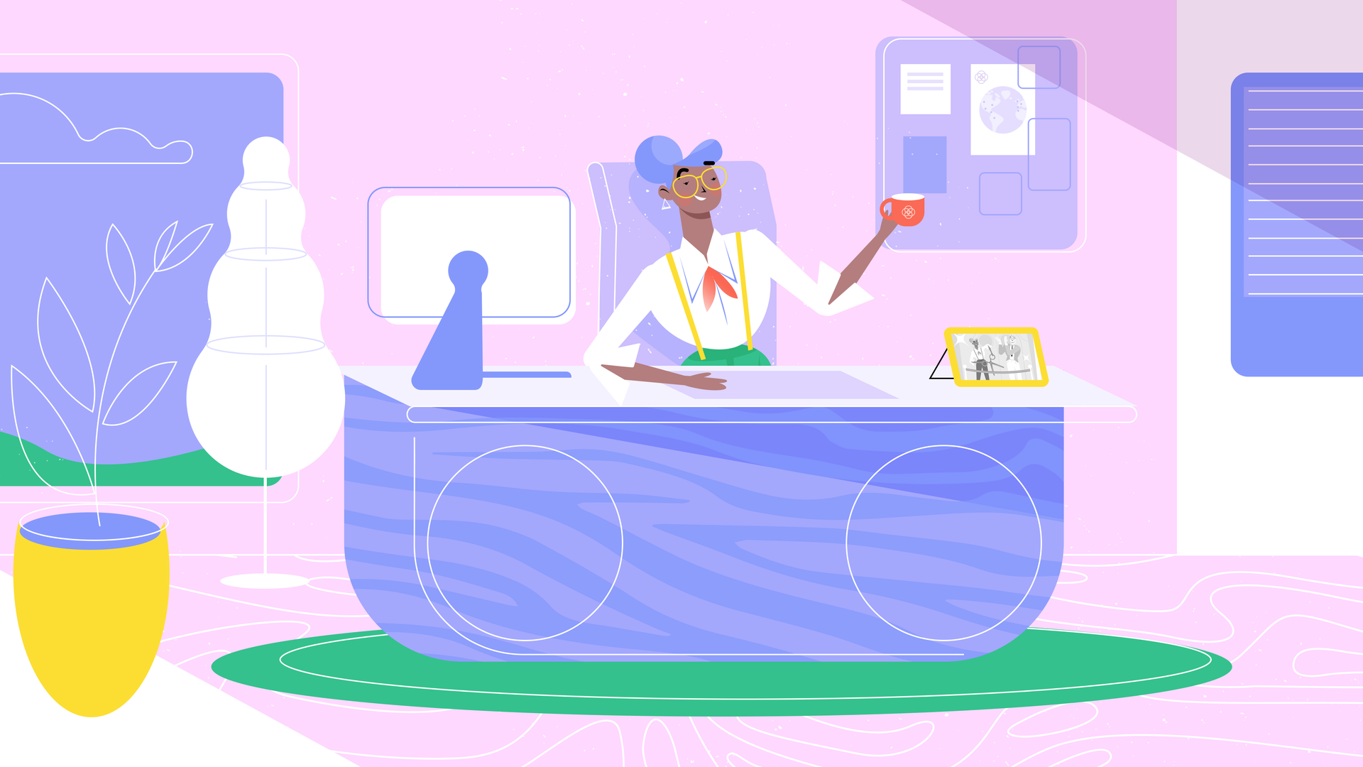 Mentorly AI-powered mentorship platform - Illustration of mentor matching an employee with a mentor at a computer